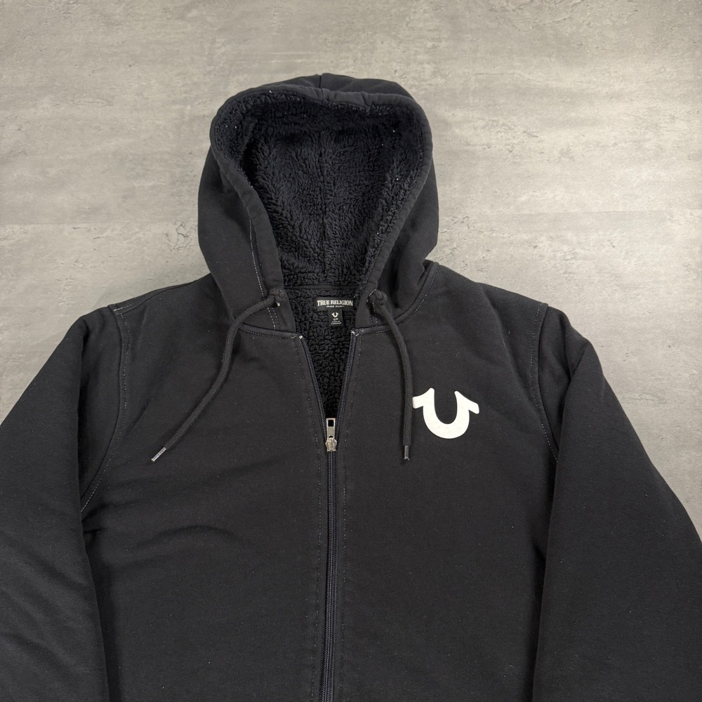 True Religion Logo Seal Sherpa Zip Hoodie Mens Small‎ Black Red Buddha Graphic